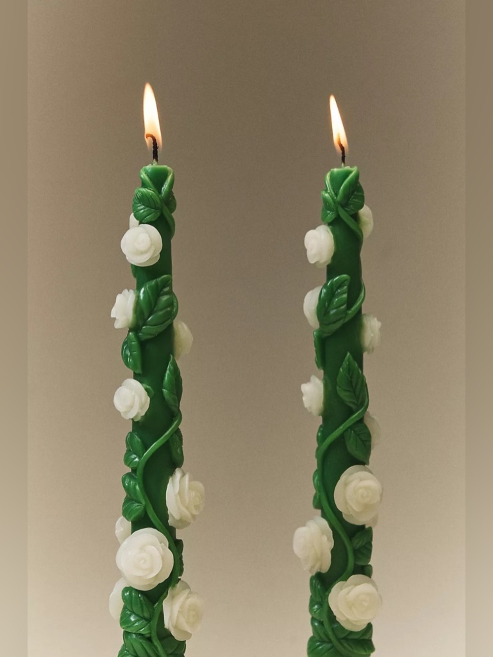 Anthropologie New Rose Vine 10" Hand Crafted Floral Taper Candles Set of 2